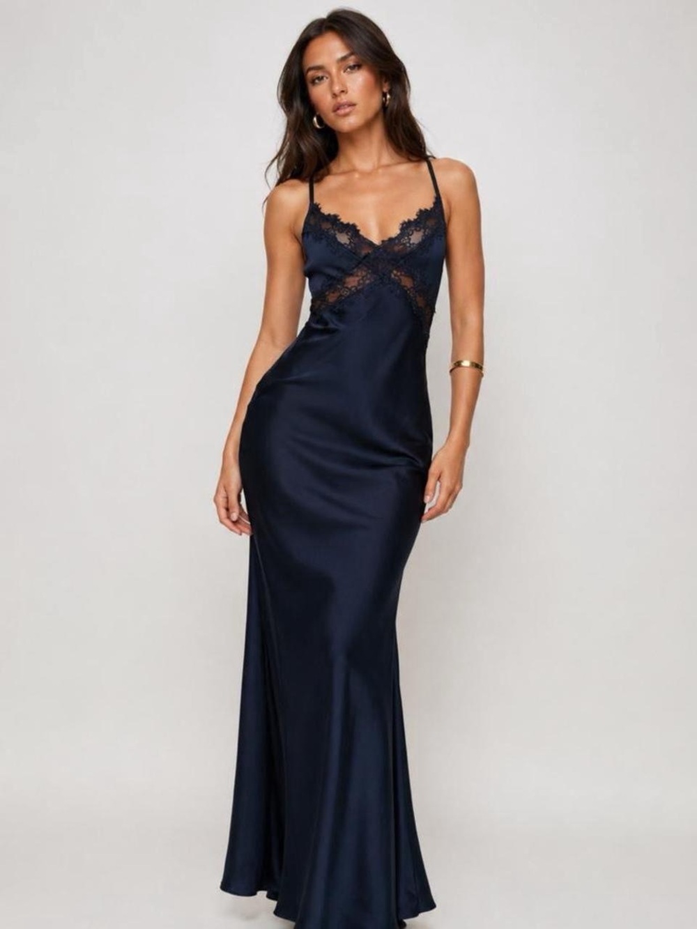 Princess Polly Navy Lace-Trim Satin Maxi Slip Dress